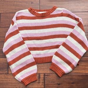 Striped Cropped Crew Sweater in Pink, Cream & Rust